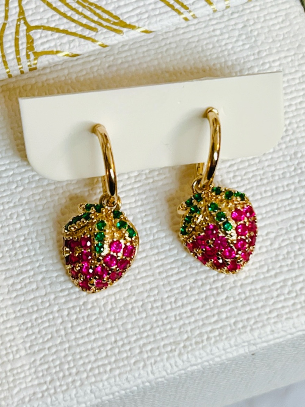 Gold Strawberry Hoop Earrings with Pink and Green Crystals